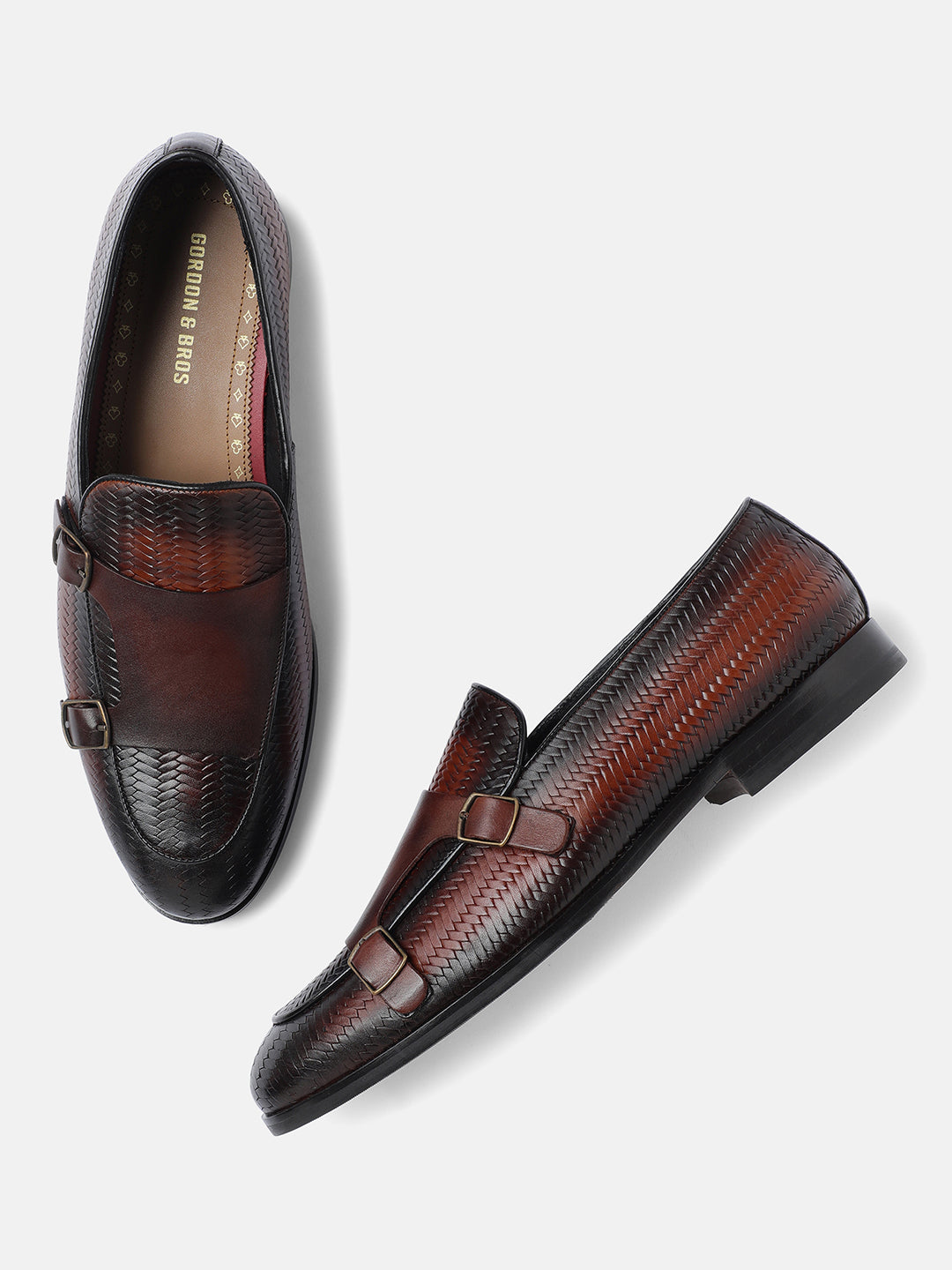 Gordon & Bros Brown Men Double Monk Shoes Brown Leather Straps Closure